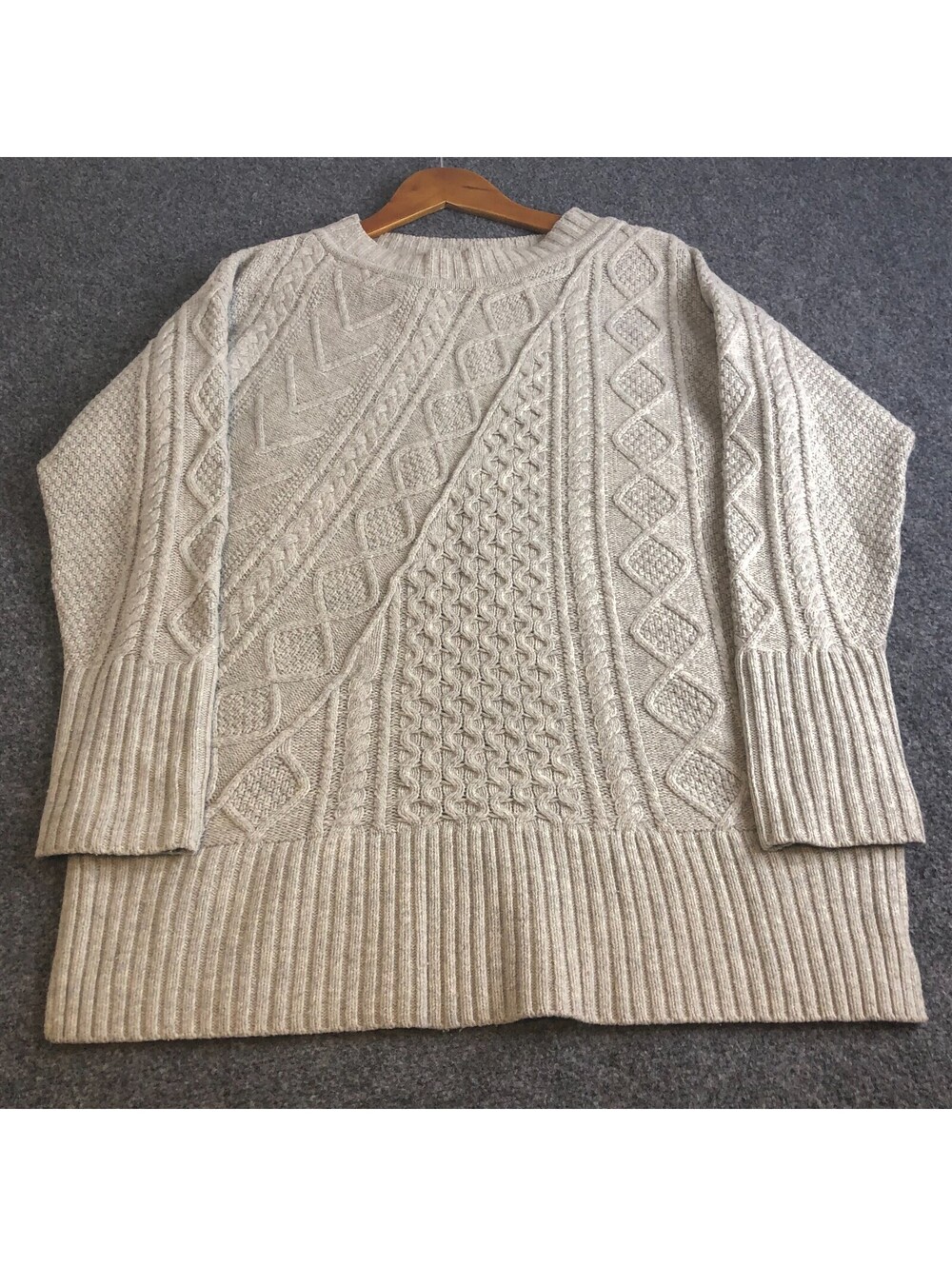 J Crew Wool Tunic Sweater Womens Large Beige Wool Blend Fisherman Cable Knit